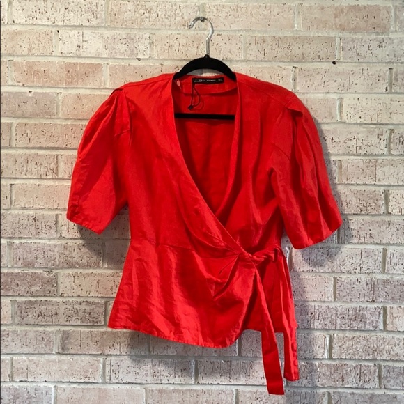 Zara Tops - Zara rusty red Linen Wrap Blouse